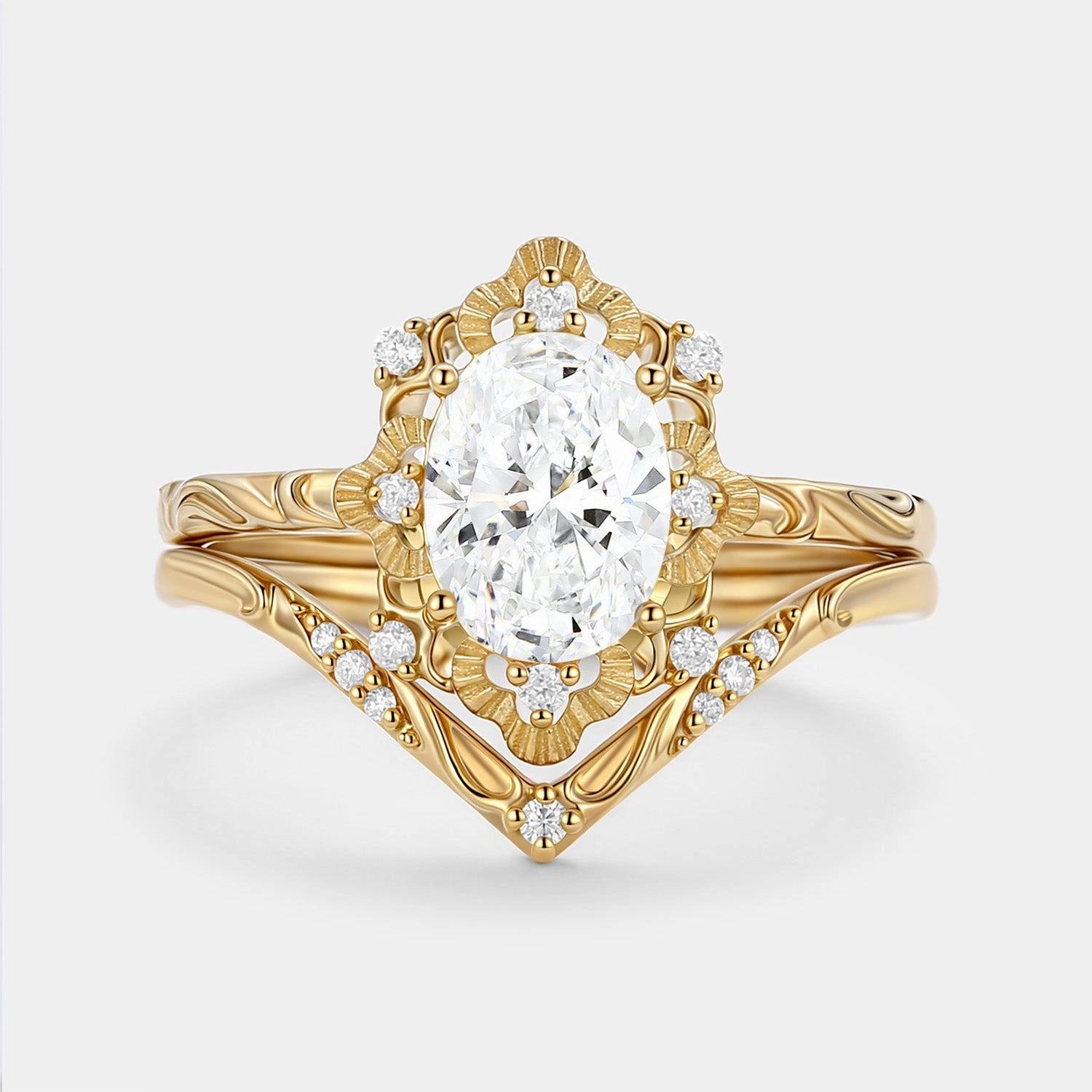 Oval Cut Engraved Lab Grown Diamond Vintage Ring Set 2pcs - Velvet Unique Vibe Refined Contour