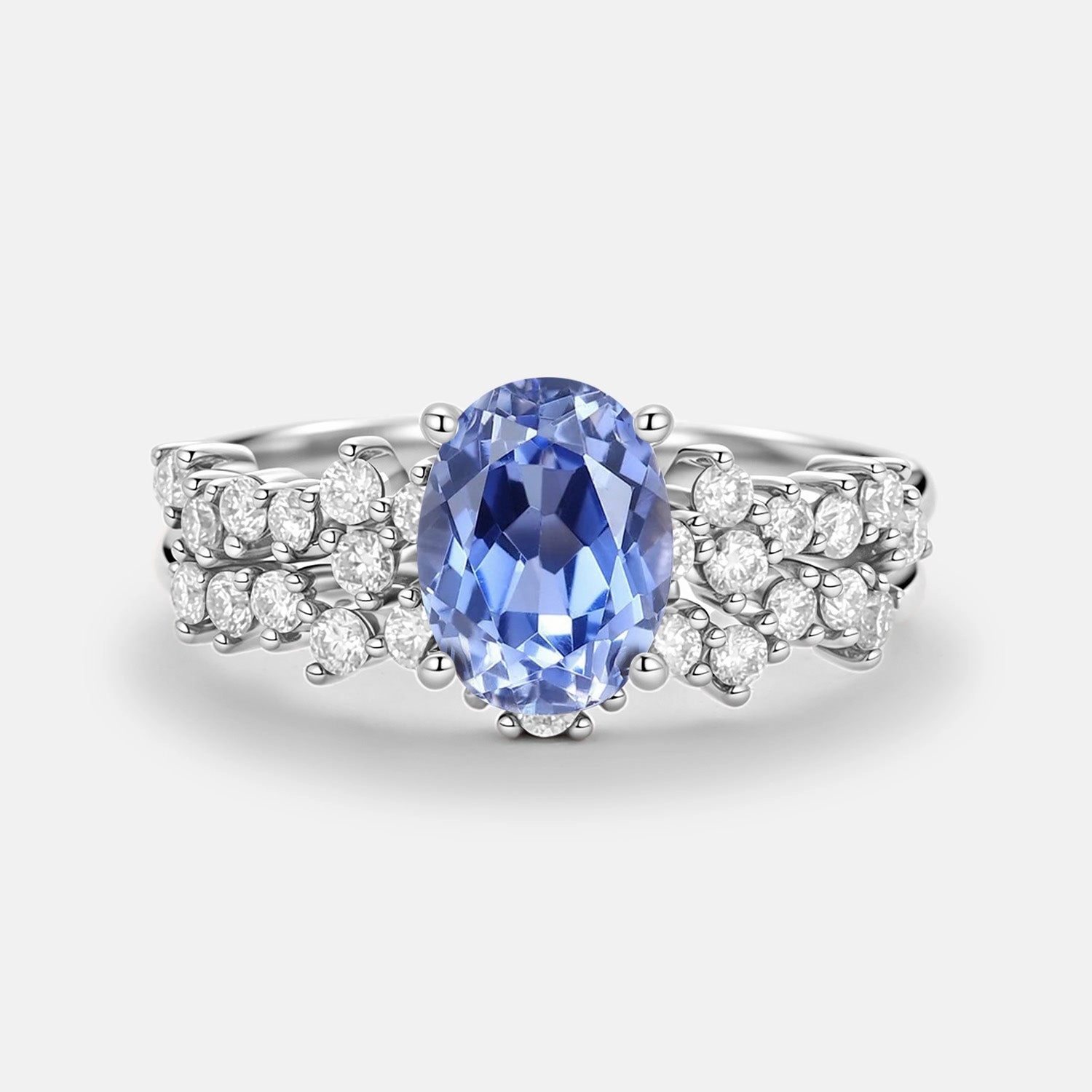 Oval Cut Lab Cornflower Sapphire Classic Cluster Gold Ring Set 2pcs - Megan Stylish Twist