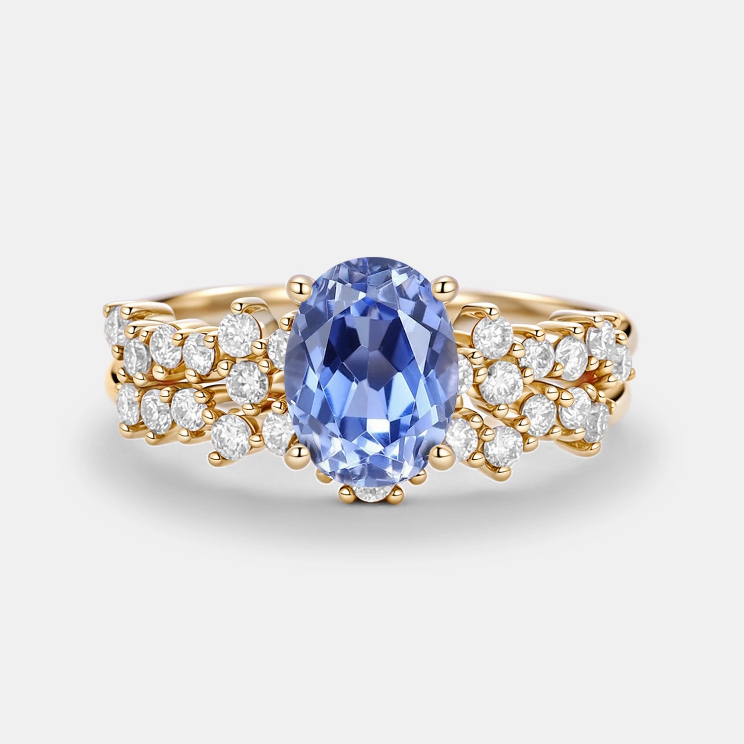 Graceful Fashion Graceful Detail Oval Cut Lab Cornflower Sapphire Classic Cluster Gold Ring Set 2pcs - Megan