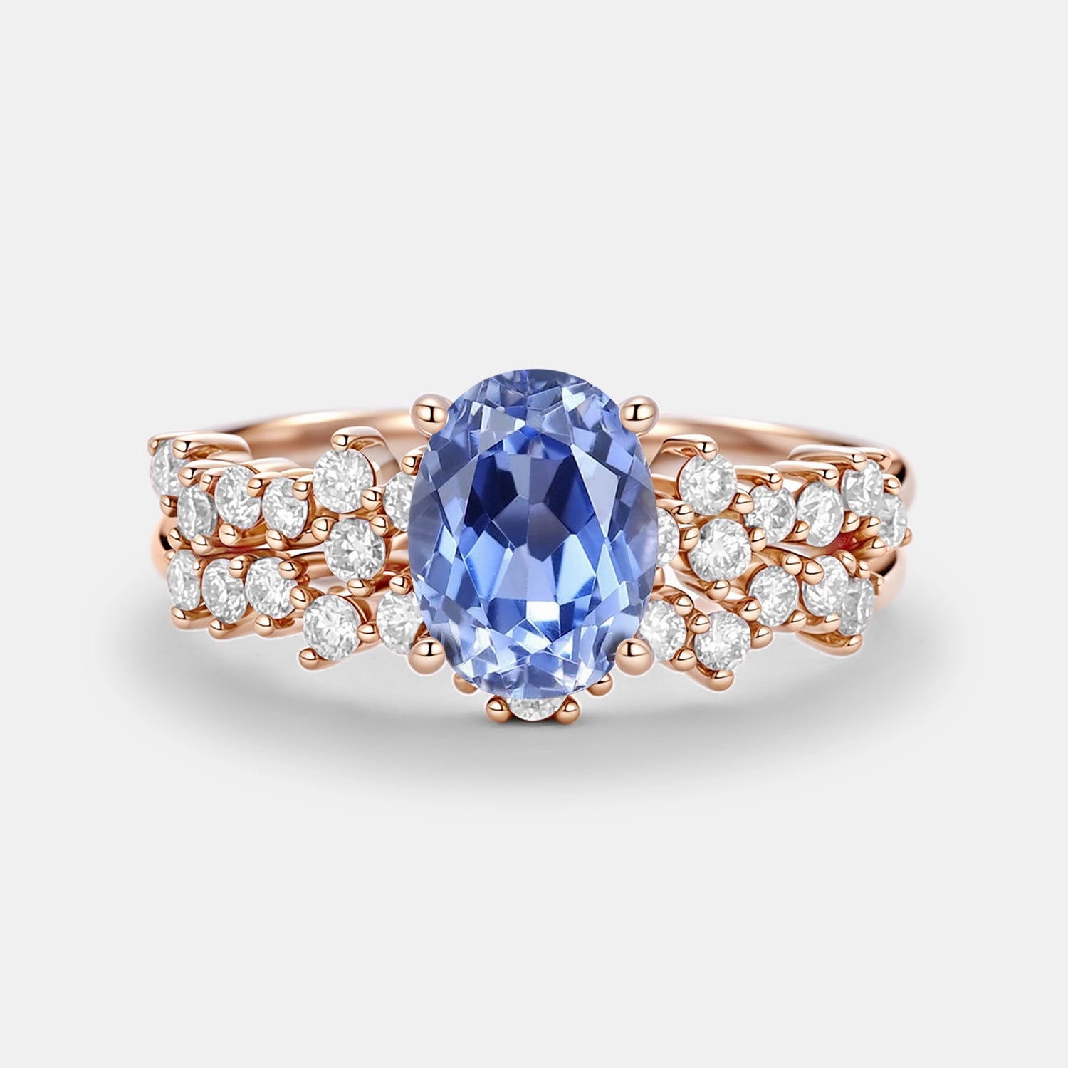 Festive Accent Oval Cut Lab Cornflower Sapphire Classic Cluster Gold Ring Set 2pcs - Megan