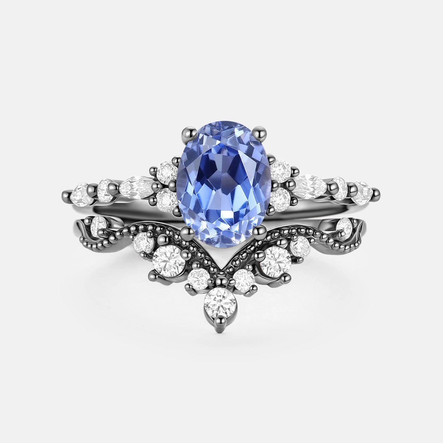 Sculpted Feature Unique Shine Oval Cut Lab Cornflower Sapphire Cluster Engagement Ring Sets 2pcs - Kira