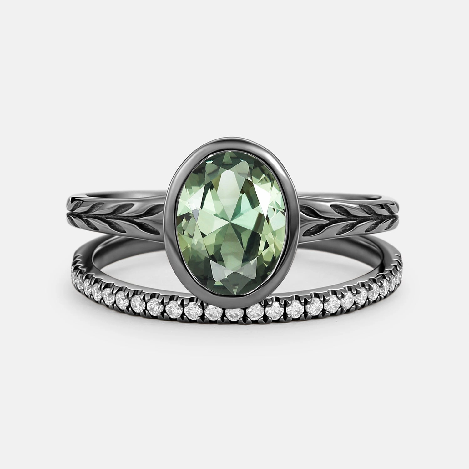 Polished Look Everyday Detail Oval Cut Lab Green Sapphire Bezel Engagement Ring Set 2pcs