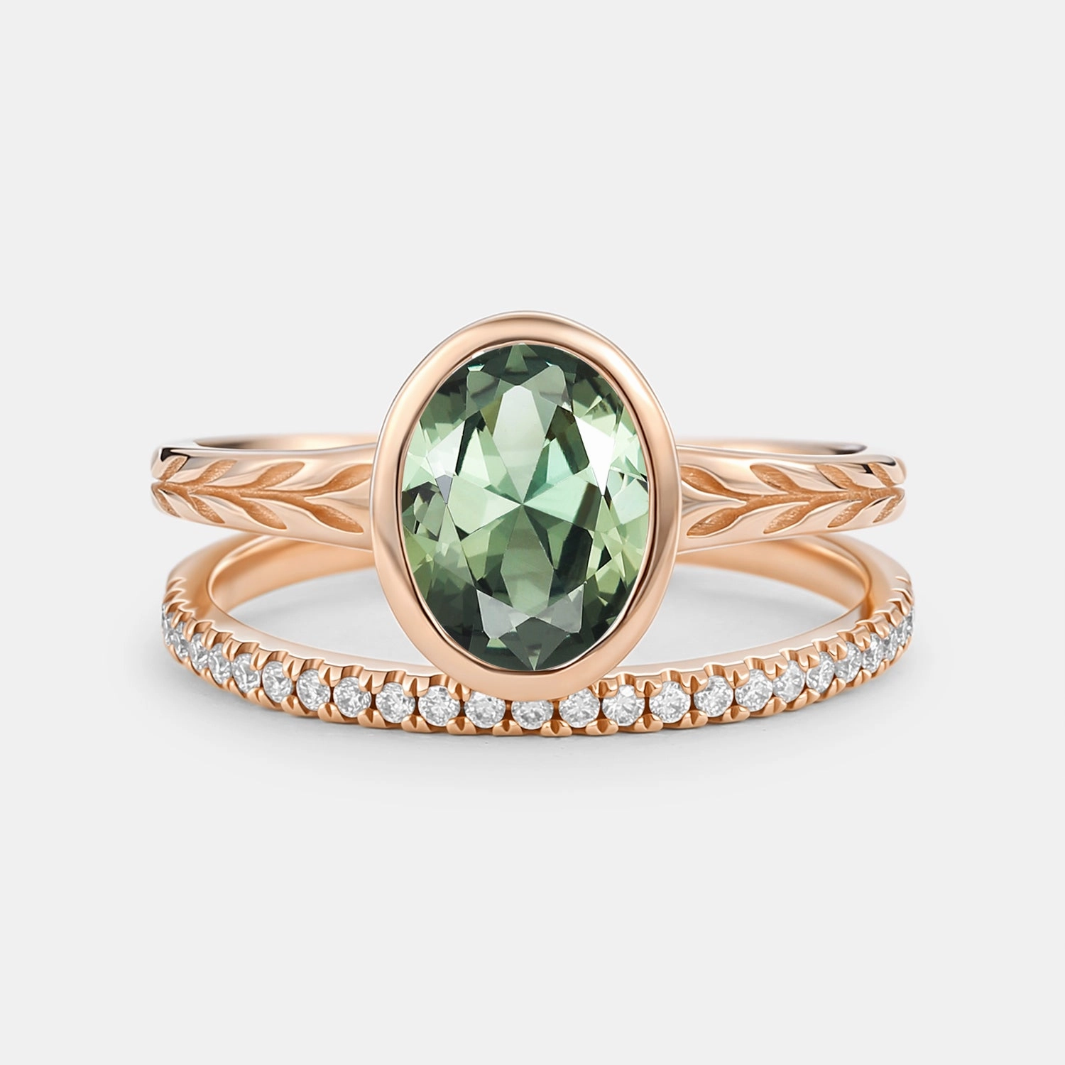 Radiant Craftwork Timeless Jewelry Oval Cut Lab Green Sapphire Bezel Engagement Ring Set 2pcs