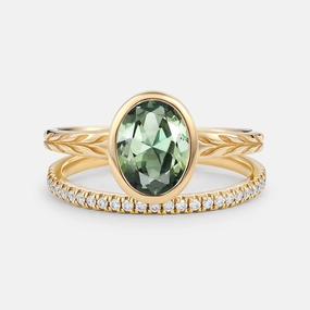 Oval Cut Lab Green Sapphire Bezel Engagement Ring Set 2pcs Daily Fit Sparkling Shine