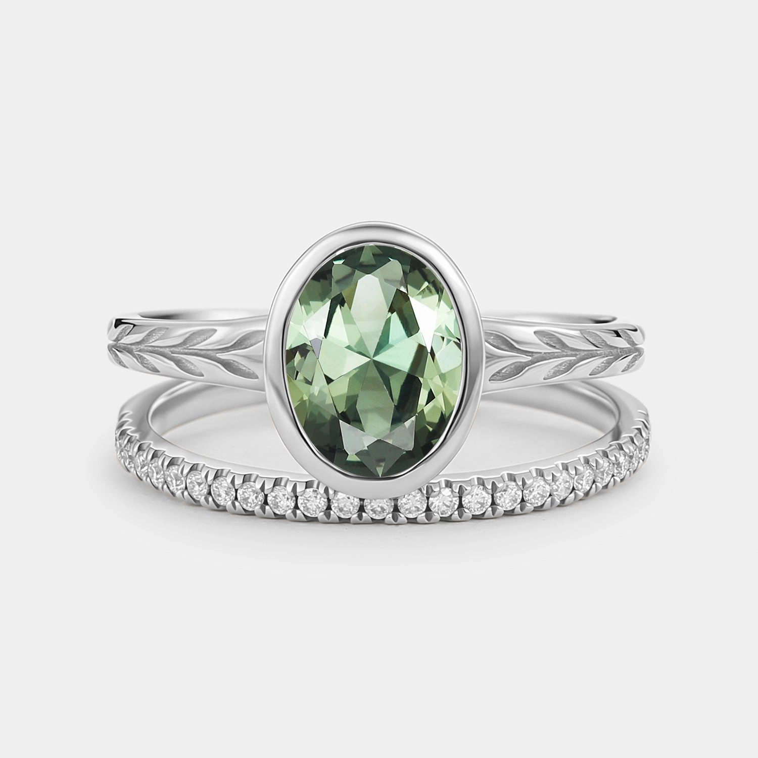 Oval Cut Lab Green Sapphire Bezel Engagement Ring Set 2pcs Fashion Fit Daytime Look