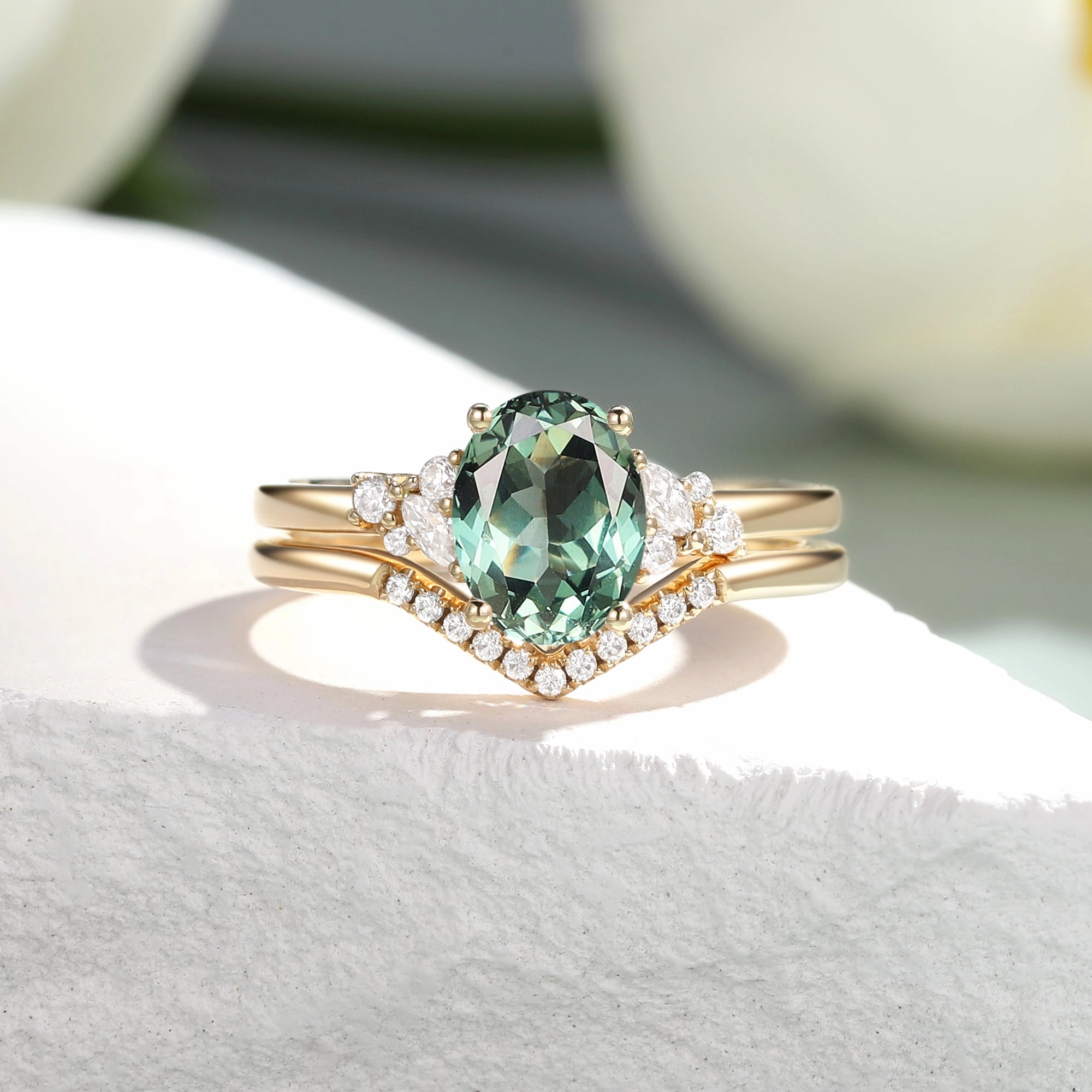 Sparkling finish Sophisticated Glam Oval Cut Lab Green Sapphire Cluster Engagement Ring Set 2pcs - Neptuna