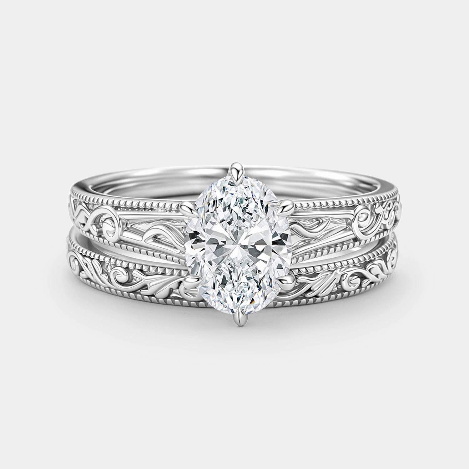 Golden Accent Unique Look Oval Cut Lab Grown Diamond Engraved Solitaire Engagement Ring - Kaelis