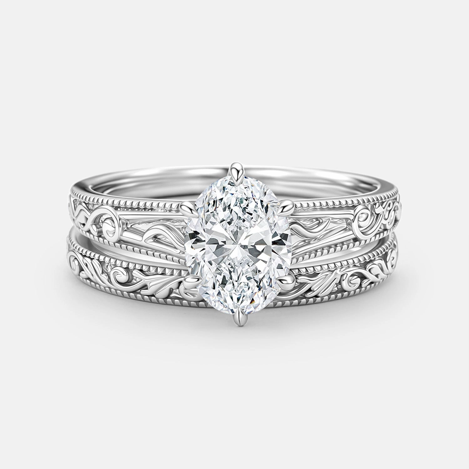 Light Feature Oval Cut Lab Grown Diamond Engraved Solitaire Engagement Ring - Kaelis