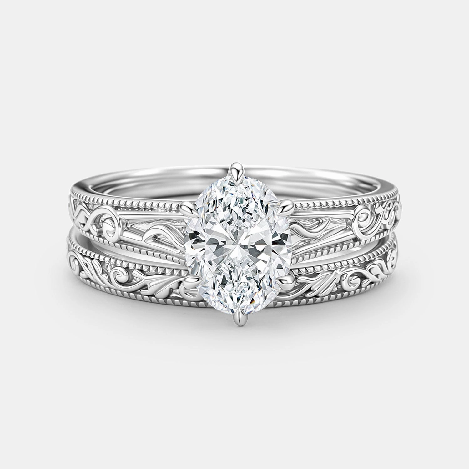 Oval Cut Lab Grown Diamond Engraved Solitaire Engagement Ring - Kaelis Exclusive Glow Lively Spirit