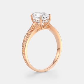 Artful Sparkle Custom Jewelry Design Oval Cut Lab Grown Diamond Engraved Solitaire Engagement Ring - Olive