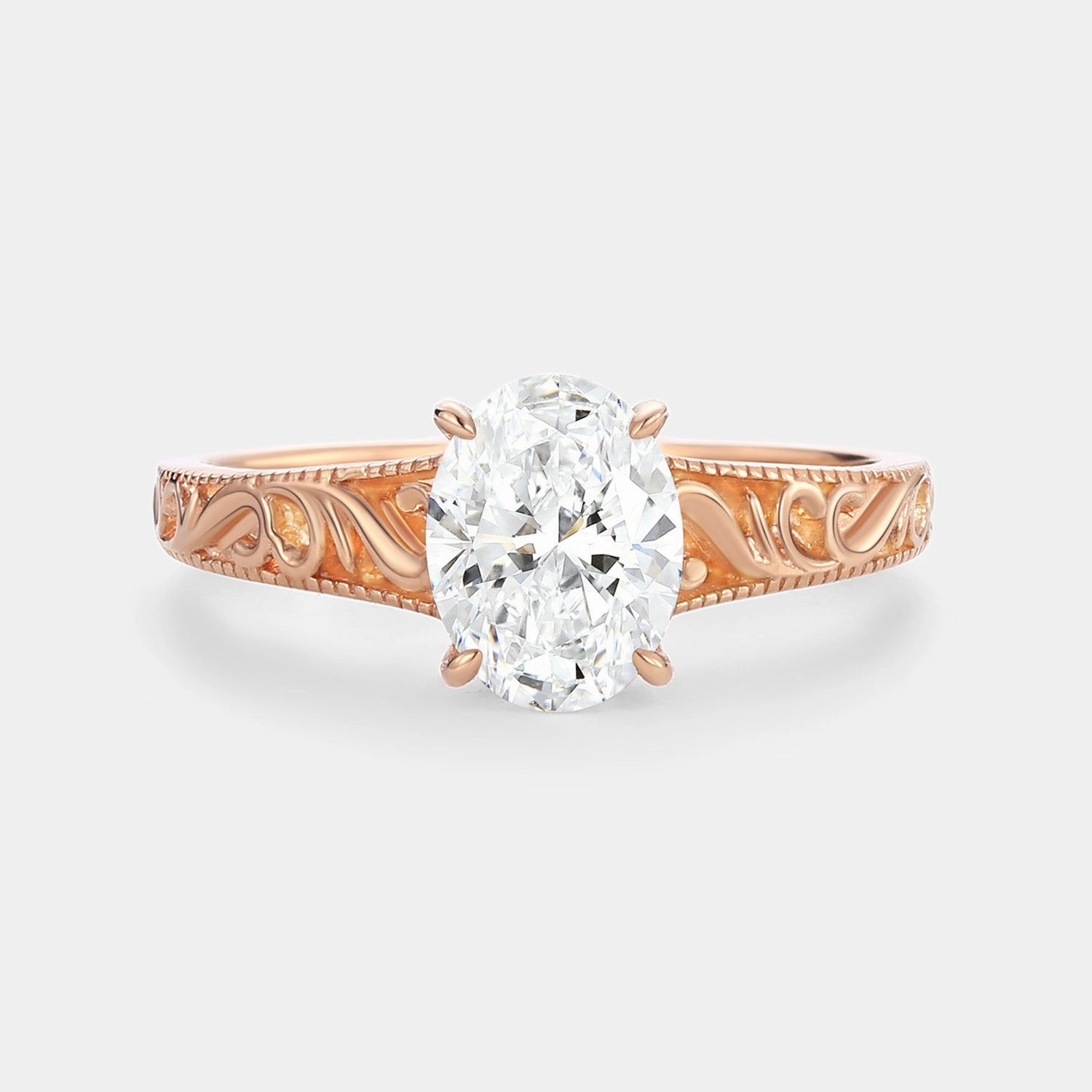 Elegant flair Oval Cut Lab Grown Diamond Engraved Solitaire Engagement Ring - Olive