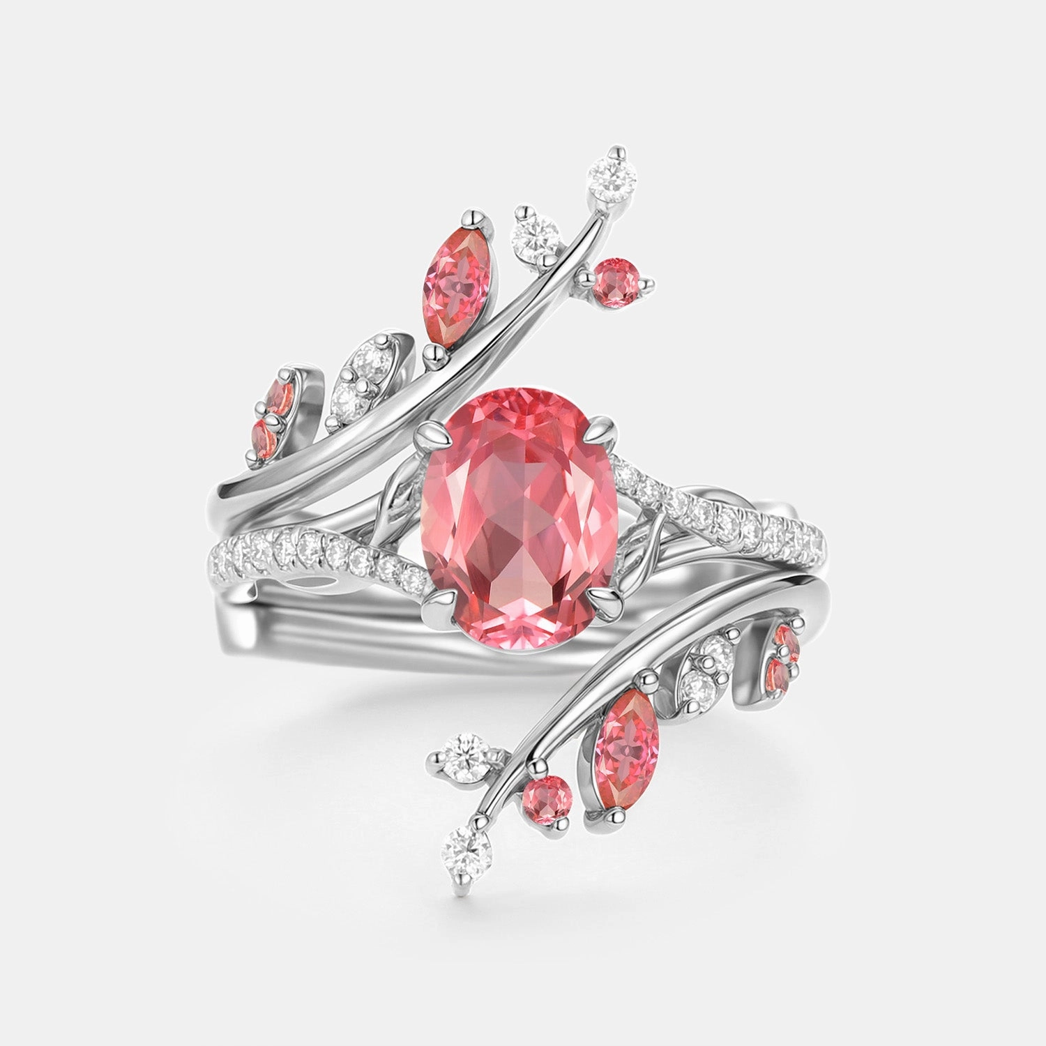 Artistic Mood Luxurious Shine Oval Cut Lab Padparadscha Leafy Cage Ring Sets 2pcs - Ros??