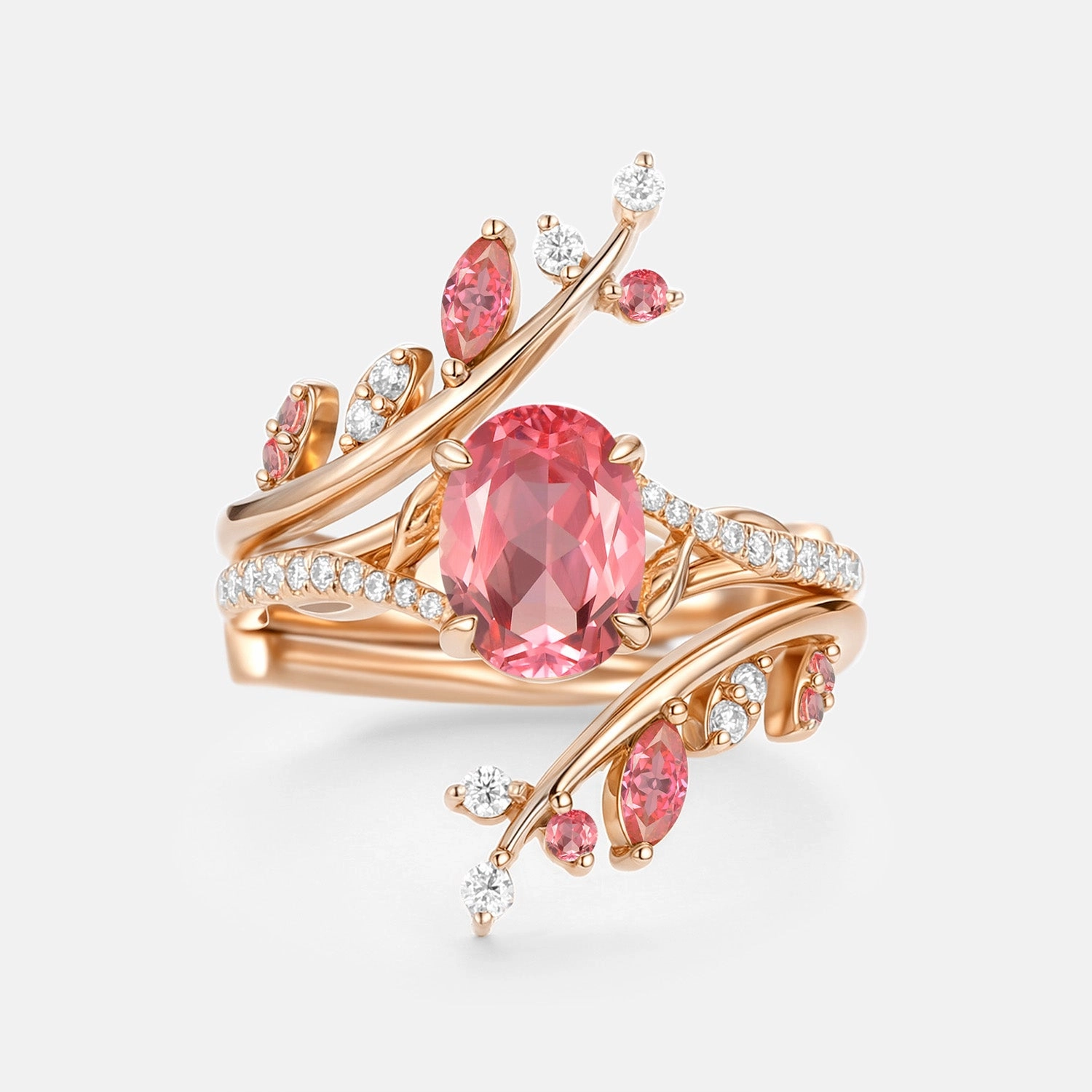 Textured Highlight Shimmering Craft Oval Cut Lab Padparadscha Leafy Cage Ring Sets 2pcs - Ros??