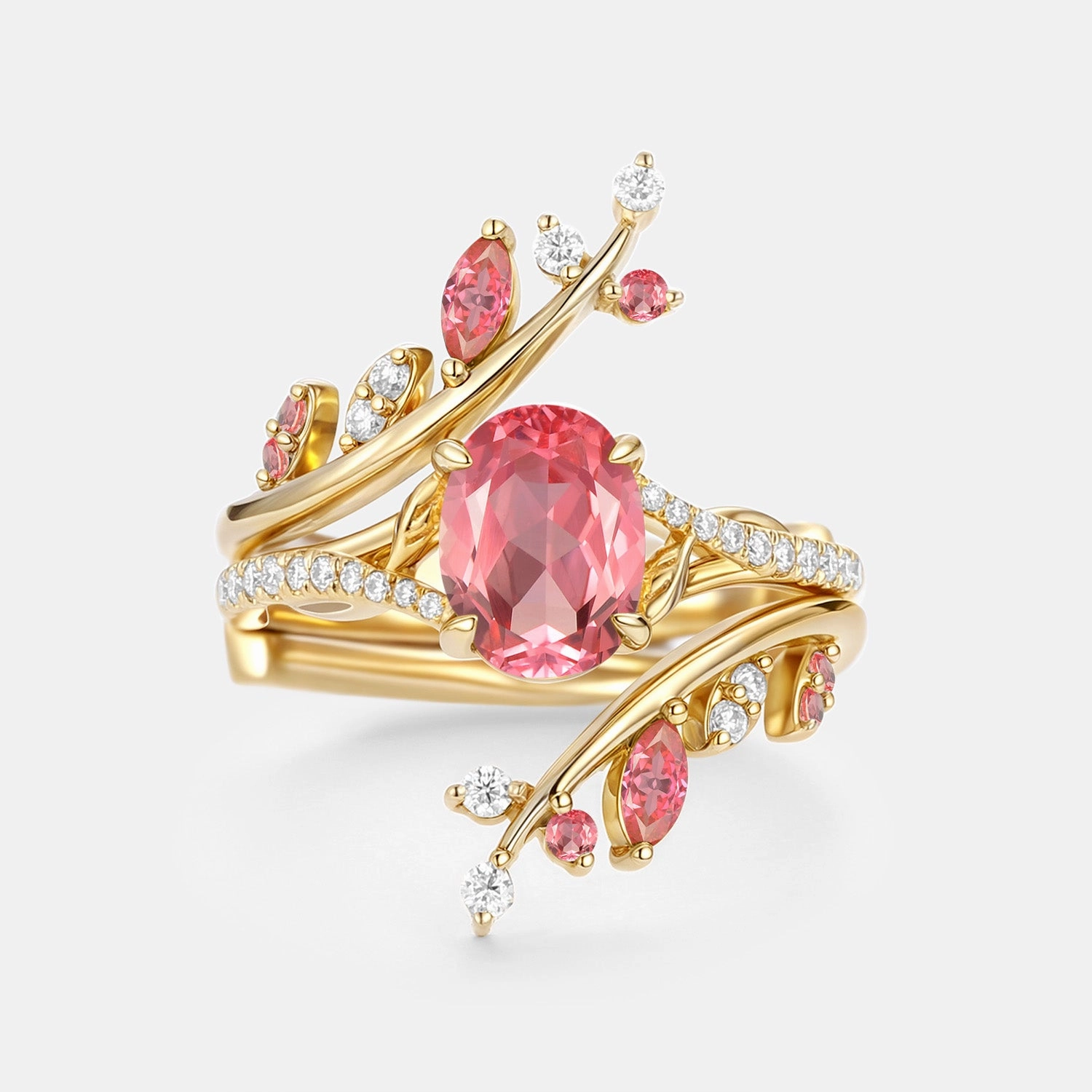 Oval Cut Lab Padparadscha Leafy Cage Ring Sets 2pcs - Ros?? Understated Detail Pure Brilliance