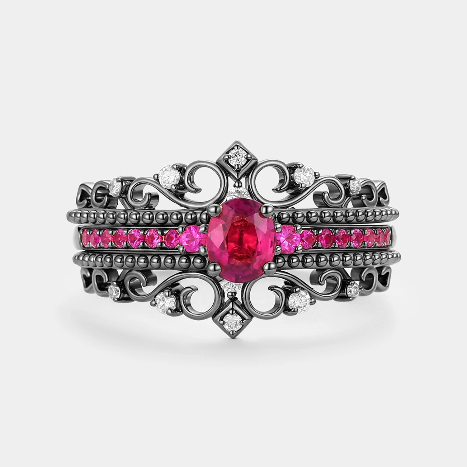 Oval Cut Lab Ruby Antique Engagemetn Ring Set 3pcs - Mae Birthday Style Striking Detail