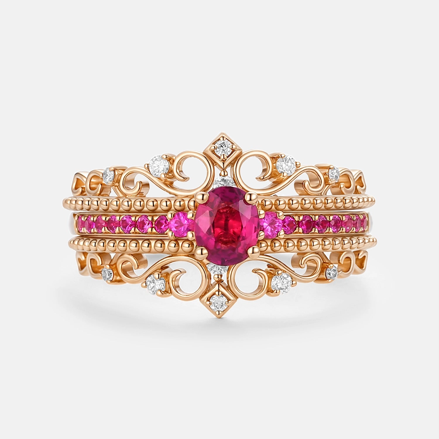 Pastel Mood Evening Glamour Oval Cut Lab Ruby Antique Engagemetn Ring Set 3pcs - Mae