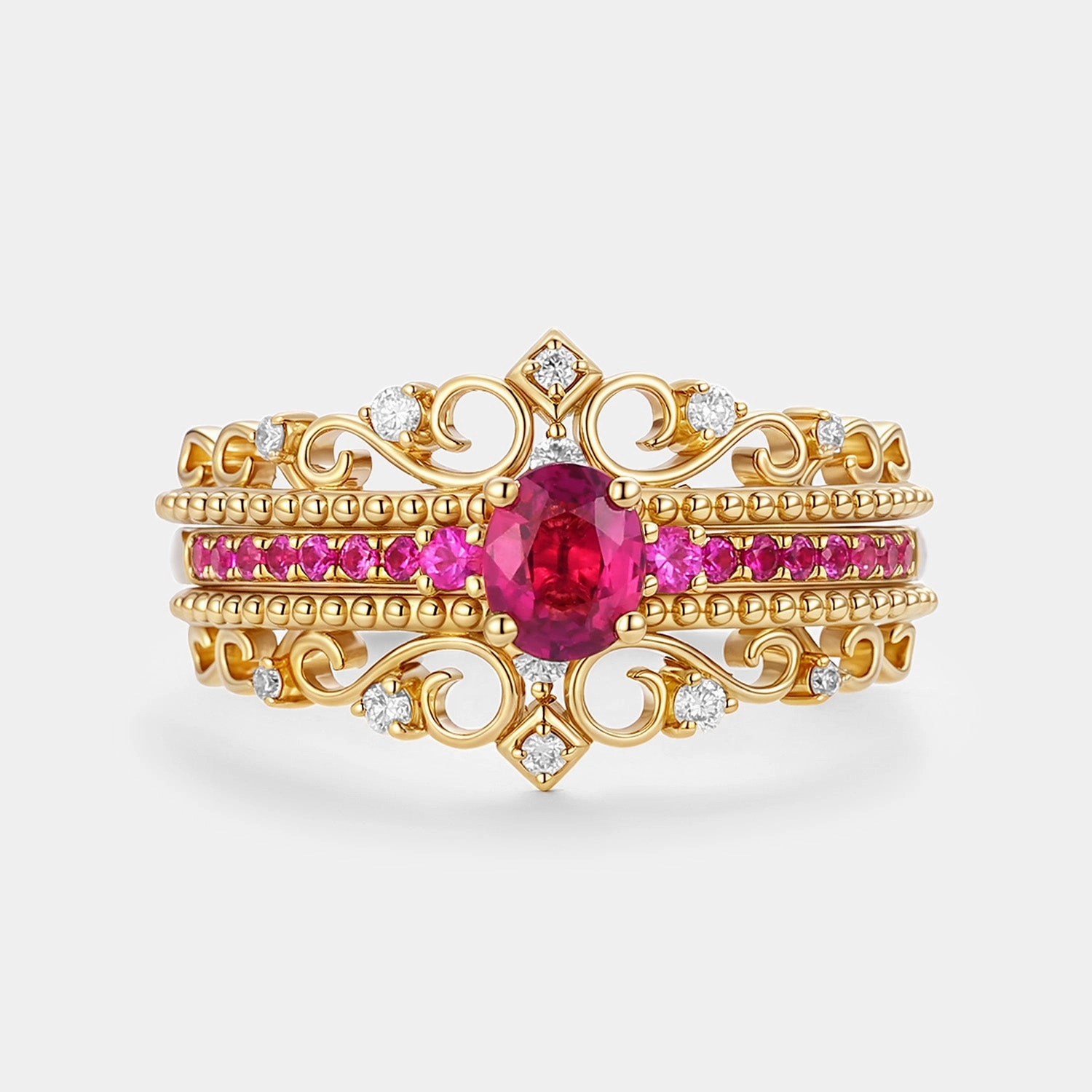 Oval Cut Lab Ruby Antique Engagemetn Ring Set 3pcs - Mae Statement Accent