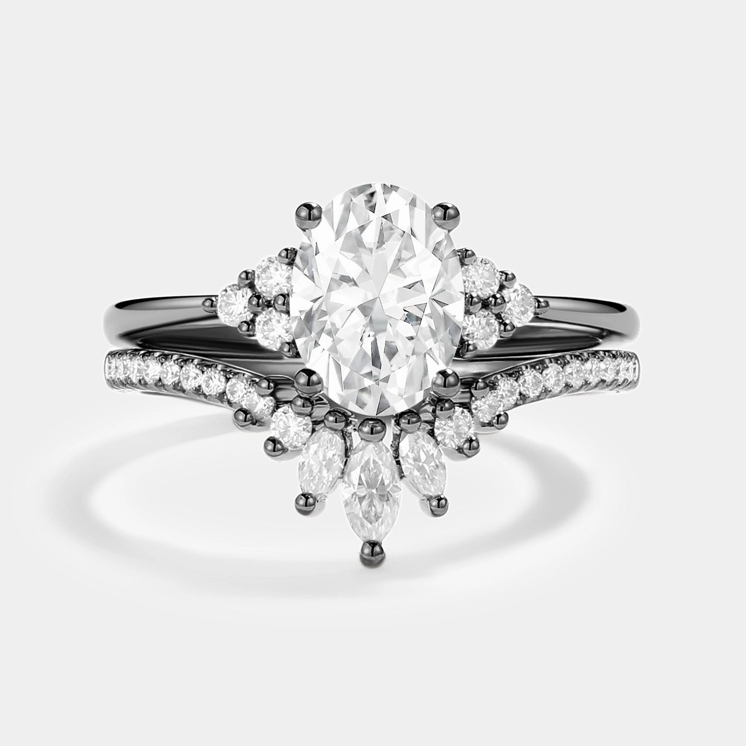 Oval Cut Moissanite Classic Cluster Gold Ring Set 2pcs - Lydia Brilliant Finish