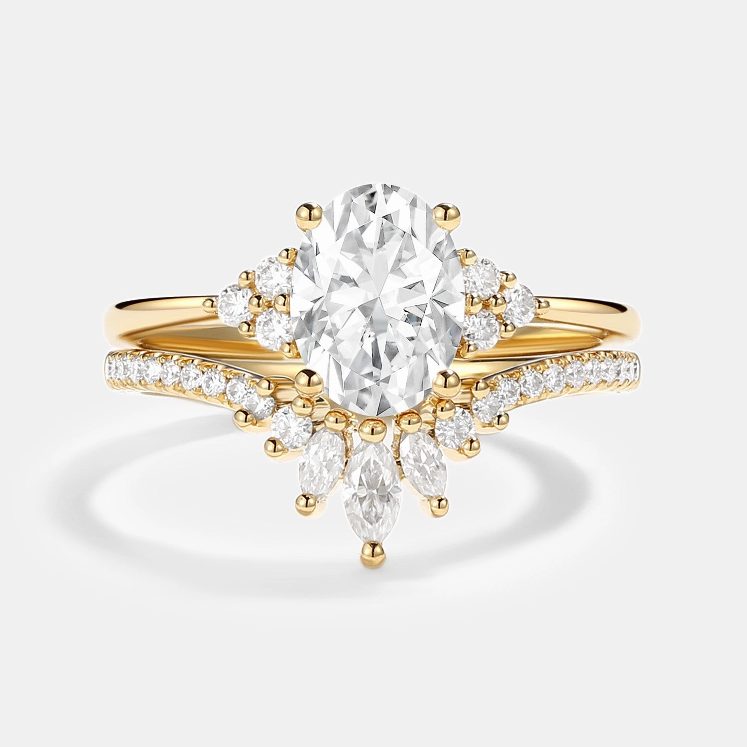Oval Cut Moissanite Classic Cluster Gold Ring Set 2pcs - Lydia Fine finishing Radiant Moment