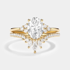Oval Cut Moissanite Classic Cluster Gold Ring Set 2pcs - Lydia Fine finishing Radiant Moment