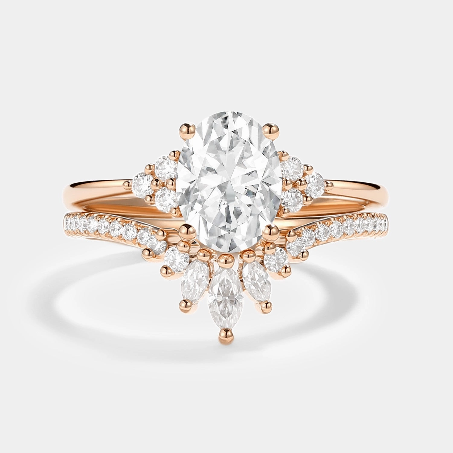 Classic Pop Oval Cut Moissanite Classic Cluster Gold Ring Set 2pcs - Lydia