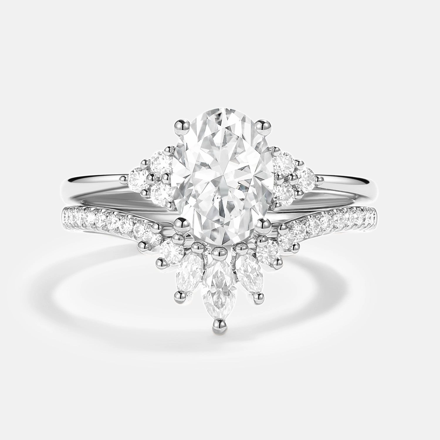 Oval Cut Moissanite Classic Cluster Gold Ring Set 2pcs - Lydia Party Detail Glam Set