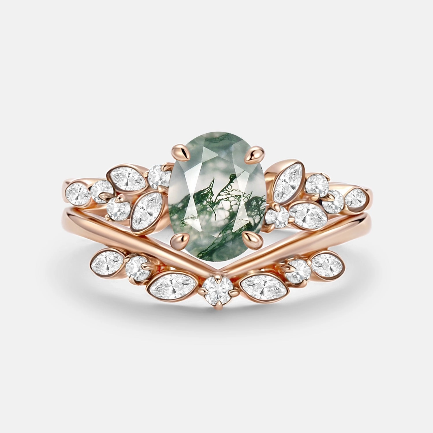 Finest Style Oval Cut Moss Agate & Moissanite Engagement Ring Set 2pcs - Ember
