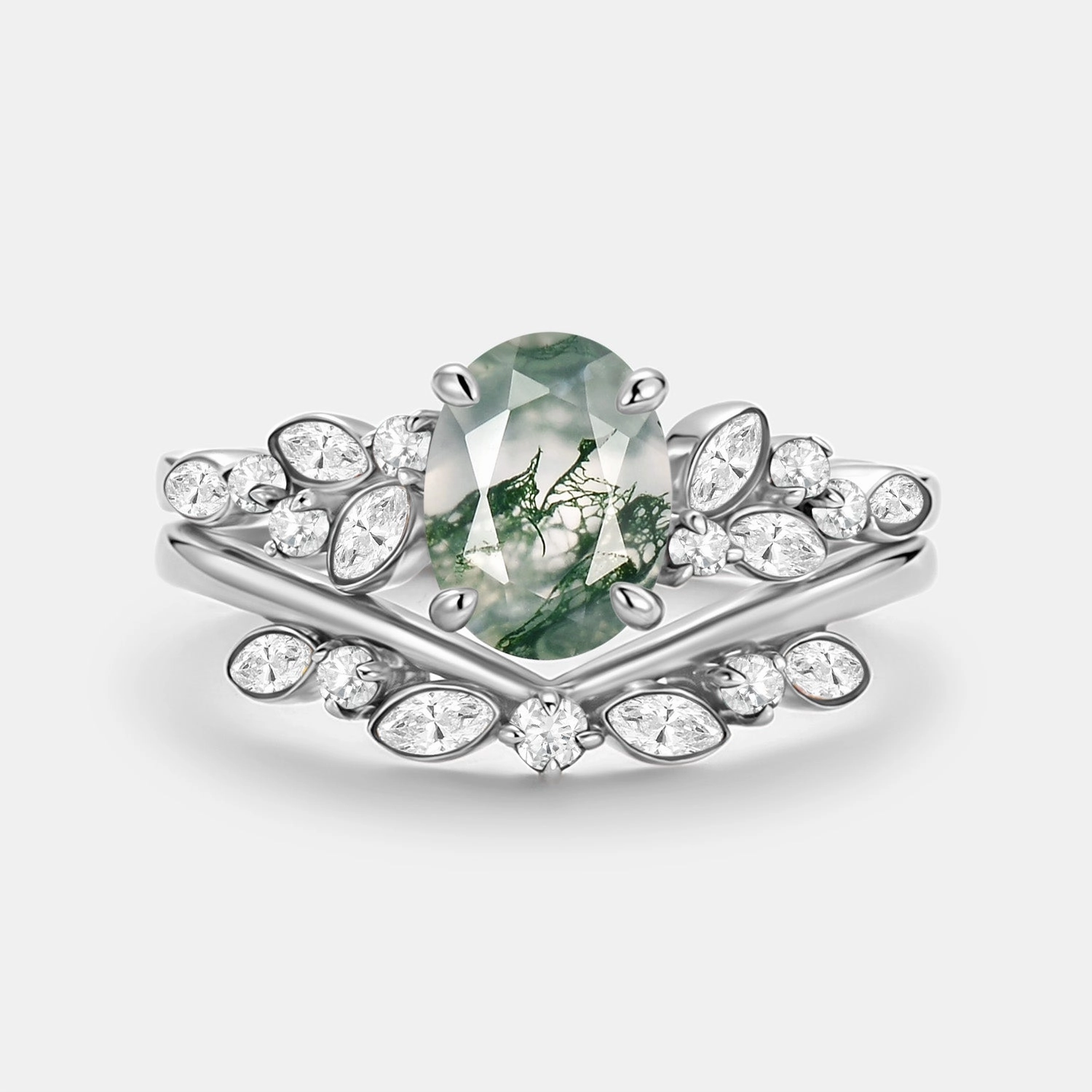 Oval Cut Moss Agate & Moissanite Engagement Ring Set 2pcs - Ember Luxury Craft