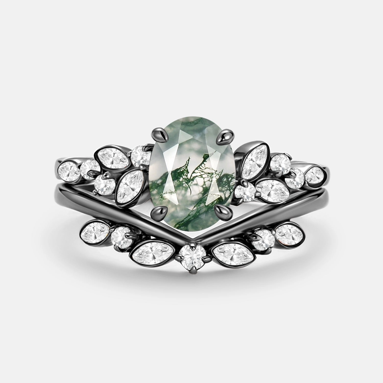 Oval Cut Moss Agate & Moissanite Engagement Ring Set 2pcs - Ember Allure Touch Polished Pieces