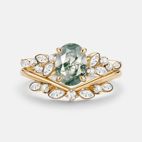 Oval Cut Moss Agate & Moissanite Engagement Ring Set 2pcs - Ember Refined Form