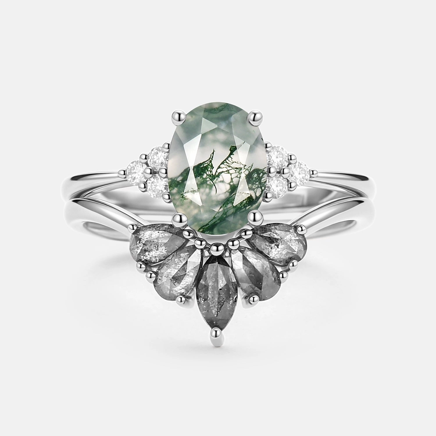 Oval Cut Moss Agate & Salt and Pepper Diamond Ring Set 2pcs - Terra Chic Glam Casual Fit