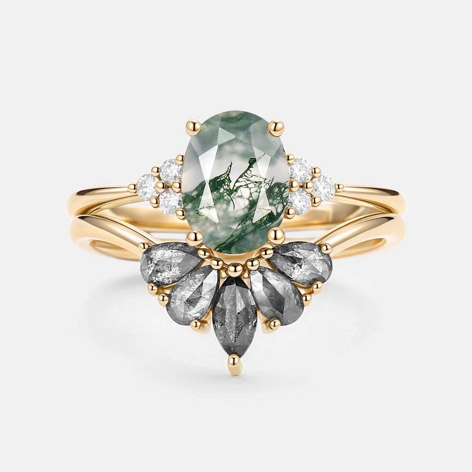 Oval Cut Moss Agate & Salt and Pepper Diamond Ring Set 2pcs - Terra Exclusive Glow Shiny Jewelry