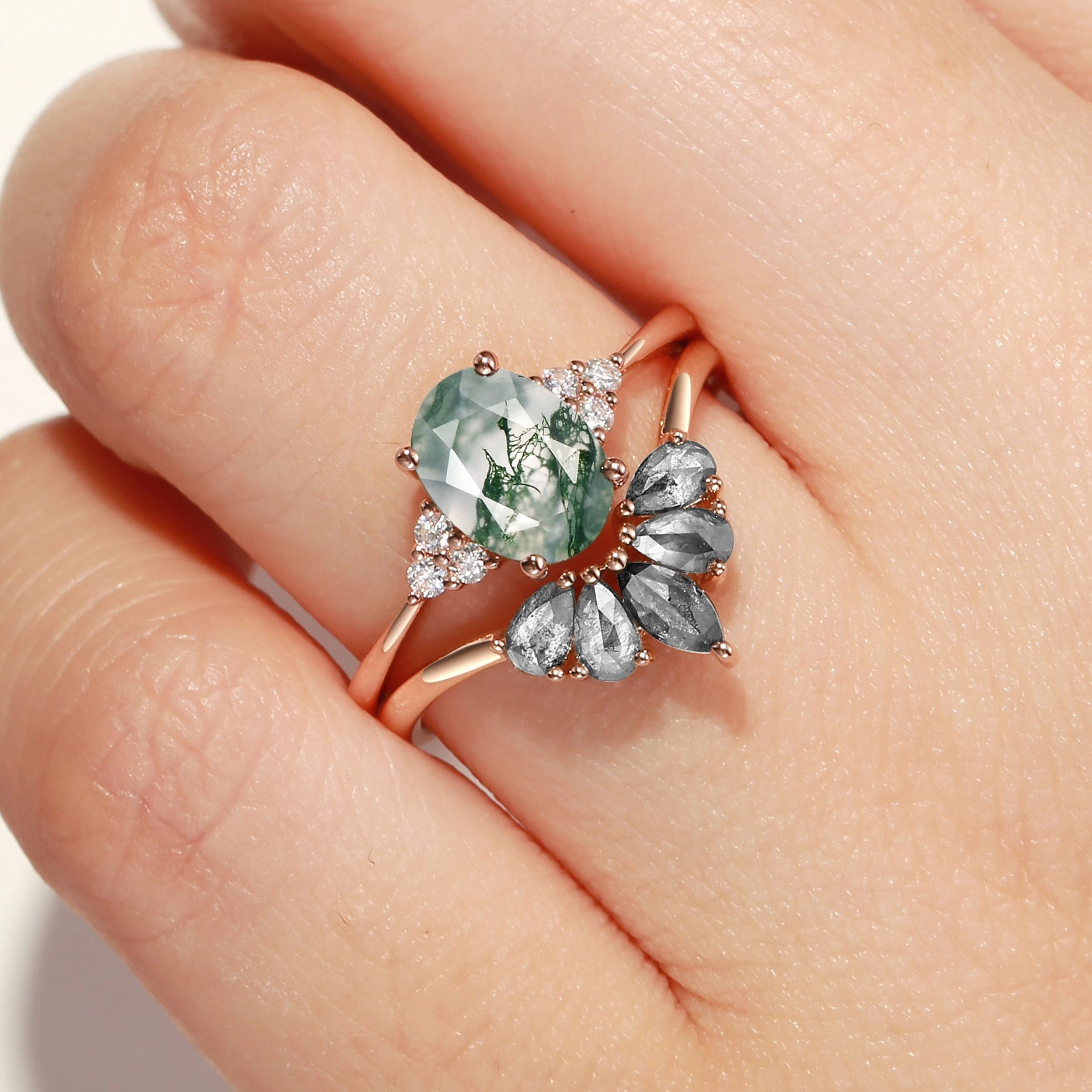 Oval Cut Moss Agate & Salt and Pepper Diamond Ring Set 2pcs - Terra Polished Edge Romantic Gift