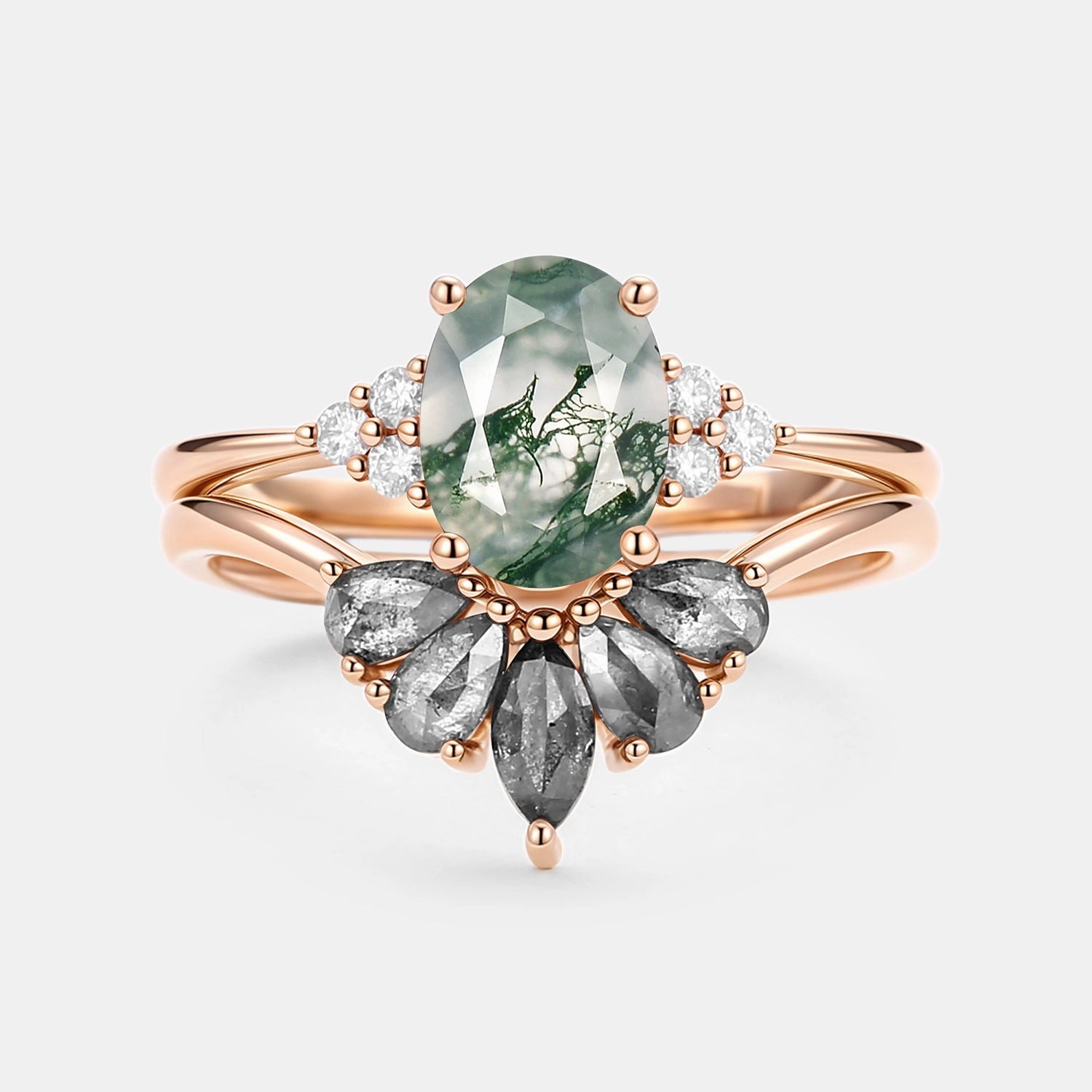 Oval Cut Moss Agate & Salt and Pepper Diamond Ring Set 2pcs - Terra Luxury Pick Modern Element