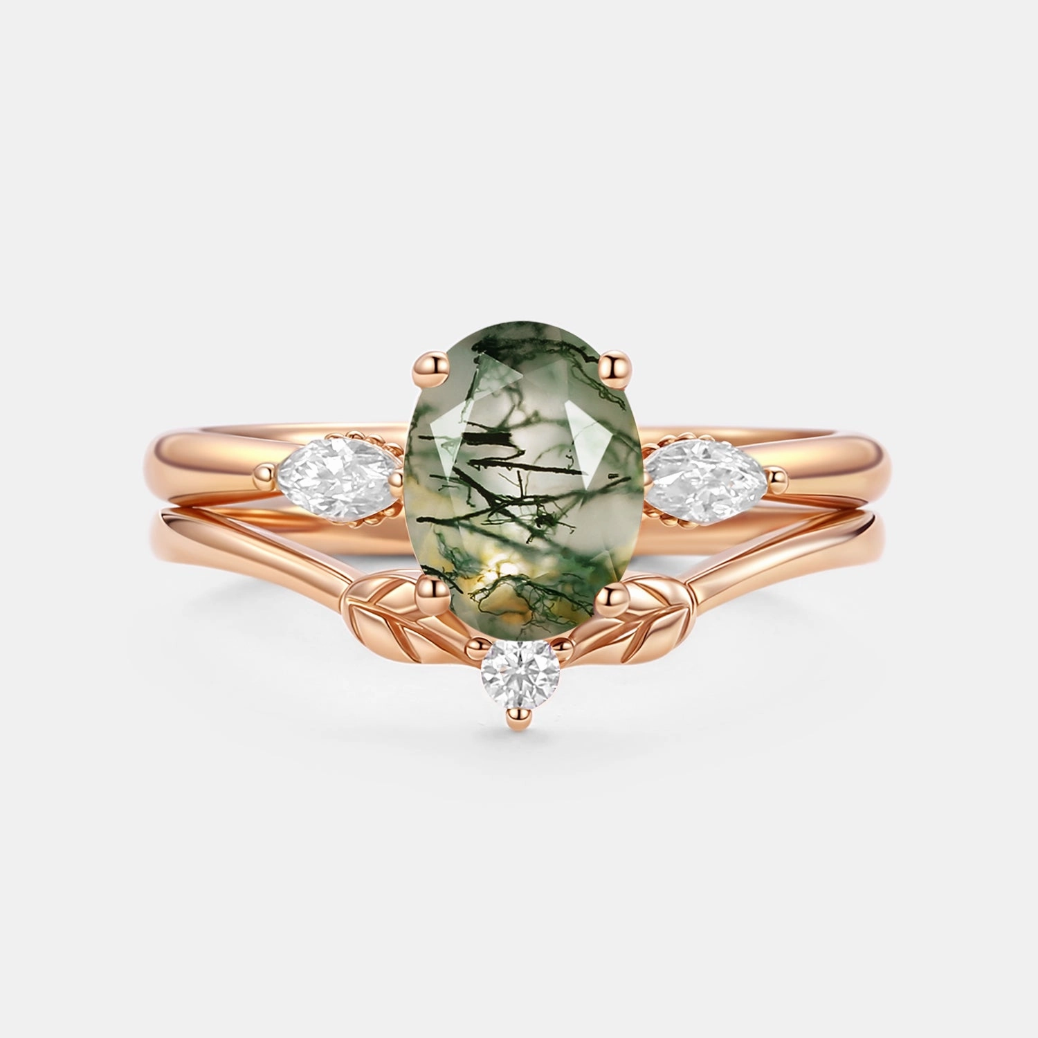 Oval Cut Moss Agate Vine Engagement Ring Set 2pcs - Bowie Silky feel
