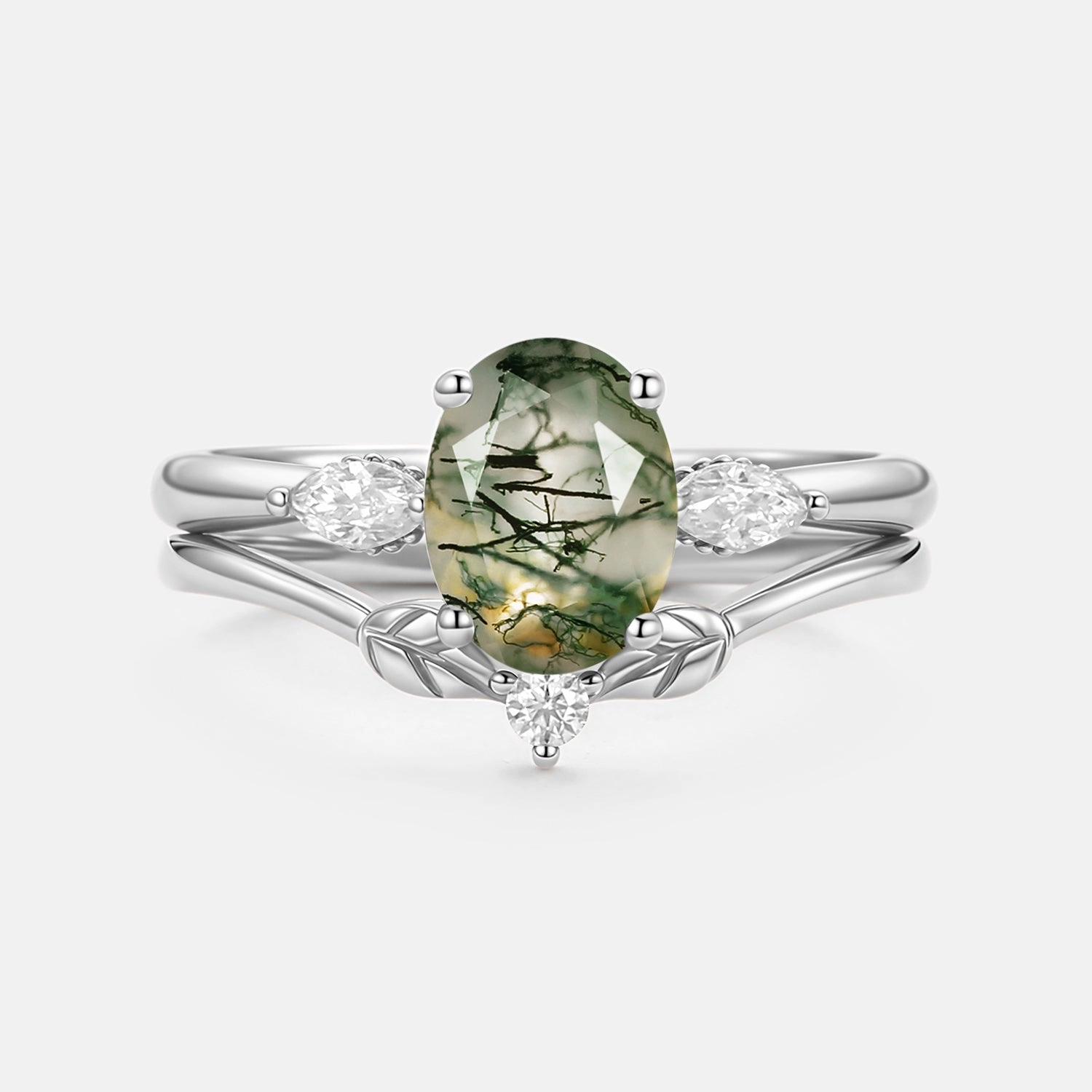 Sparkling Accent Ethereal Accent Oval Cut Moss Agate Vine Engagement Ring Set 2pcs - Bowie