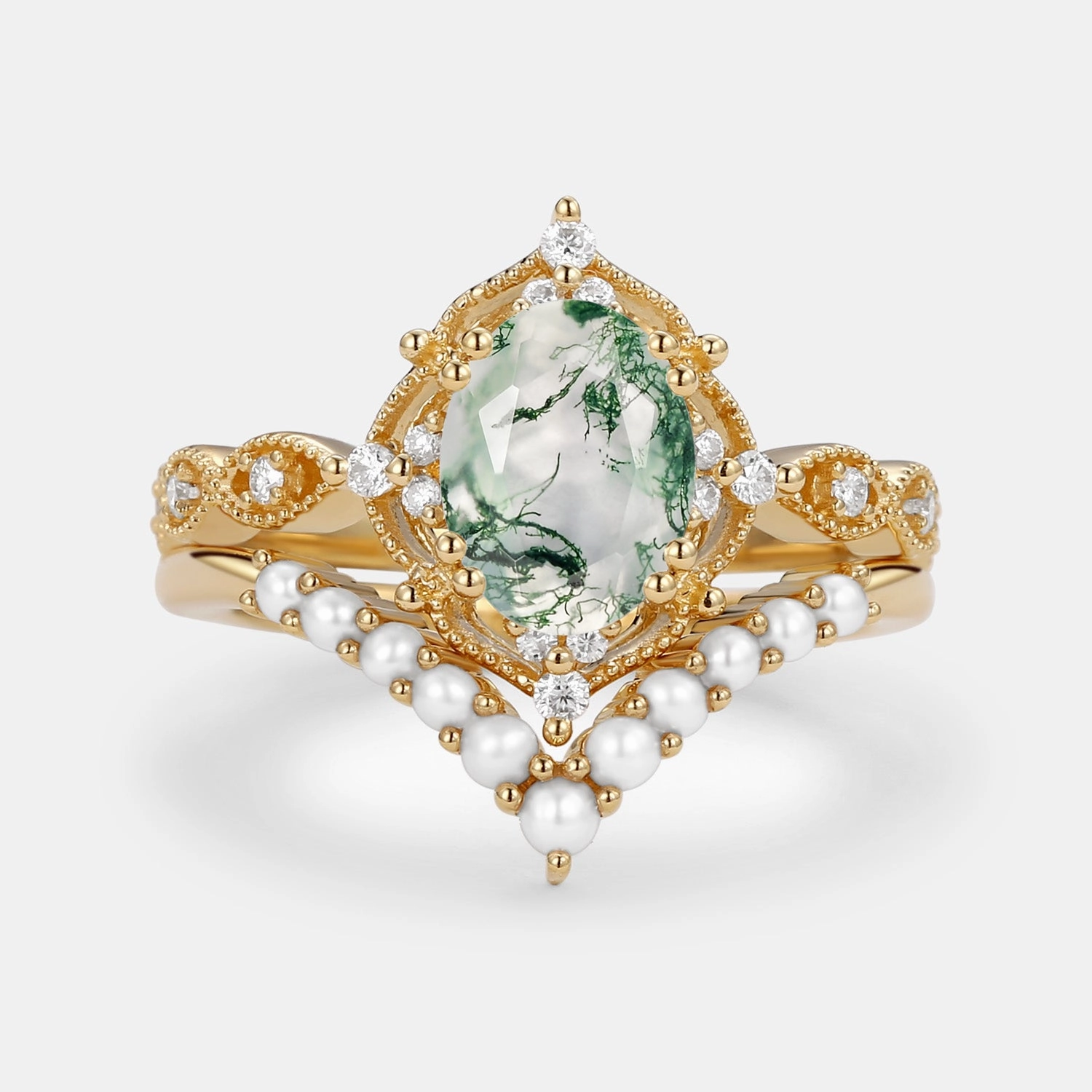 Oval Cut Moss Agate Vintage Gold Ring Set 2pcs - Slate Stylish Accent Charming Edge