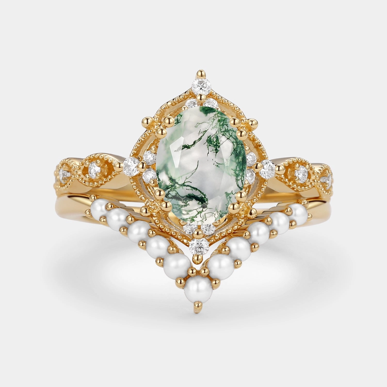 Oval Cut Moss Agate Vintage Gold Ring Set 2pcs - Slate Street Chic