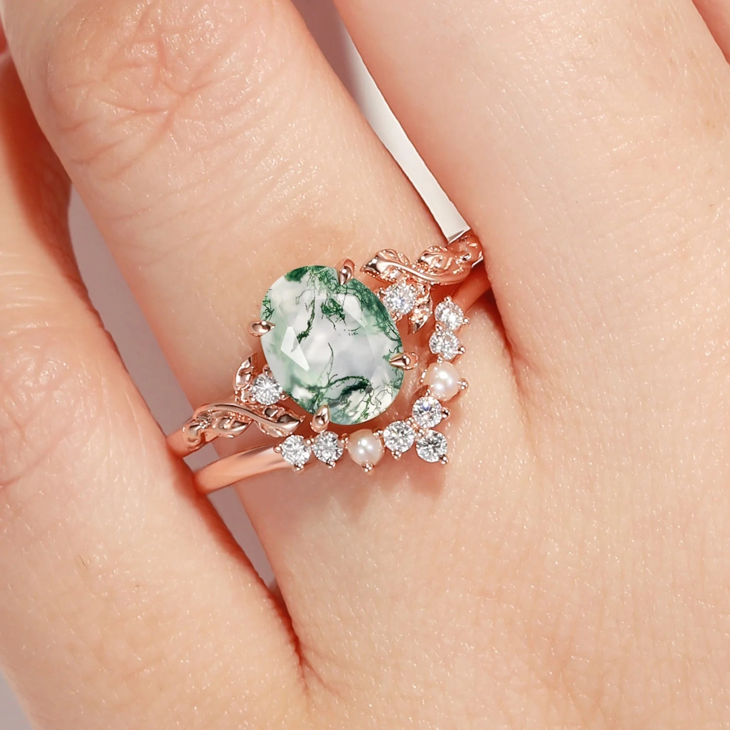 Graceful Accent Oval Cut Nature Moss Agate Leafy Gold Ring Set 2pcs - Clover