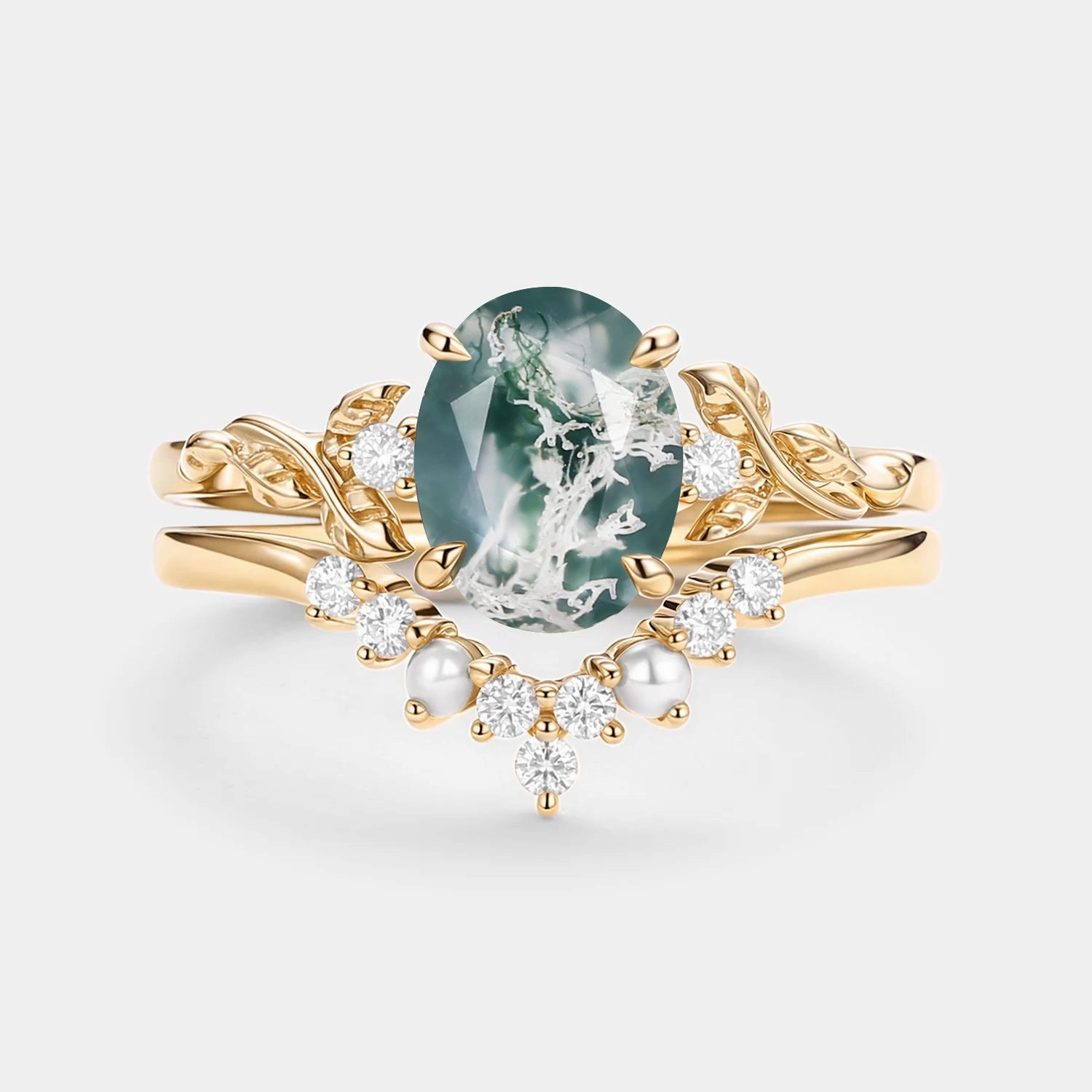 Quiet Luxury Understated Form Oval Cut Nature Moss Agate Leafy Gold Ring Set 2pcs - Clover
