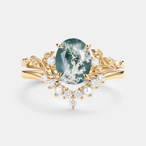 Quiet Luxury Understated Form Oval Cut Nature Moss Agate Leafy Gold Ring Set 2pcs - Clover