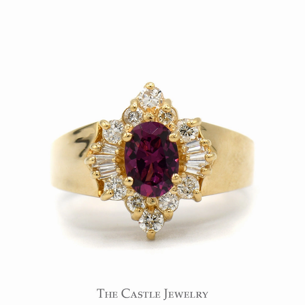 Oval Cut Rhodalite Garnet Ring with Baguette and Round Diamond Halo in 14k Yellow Gold Economical Decoration Strong Symbol