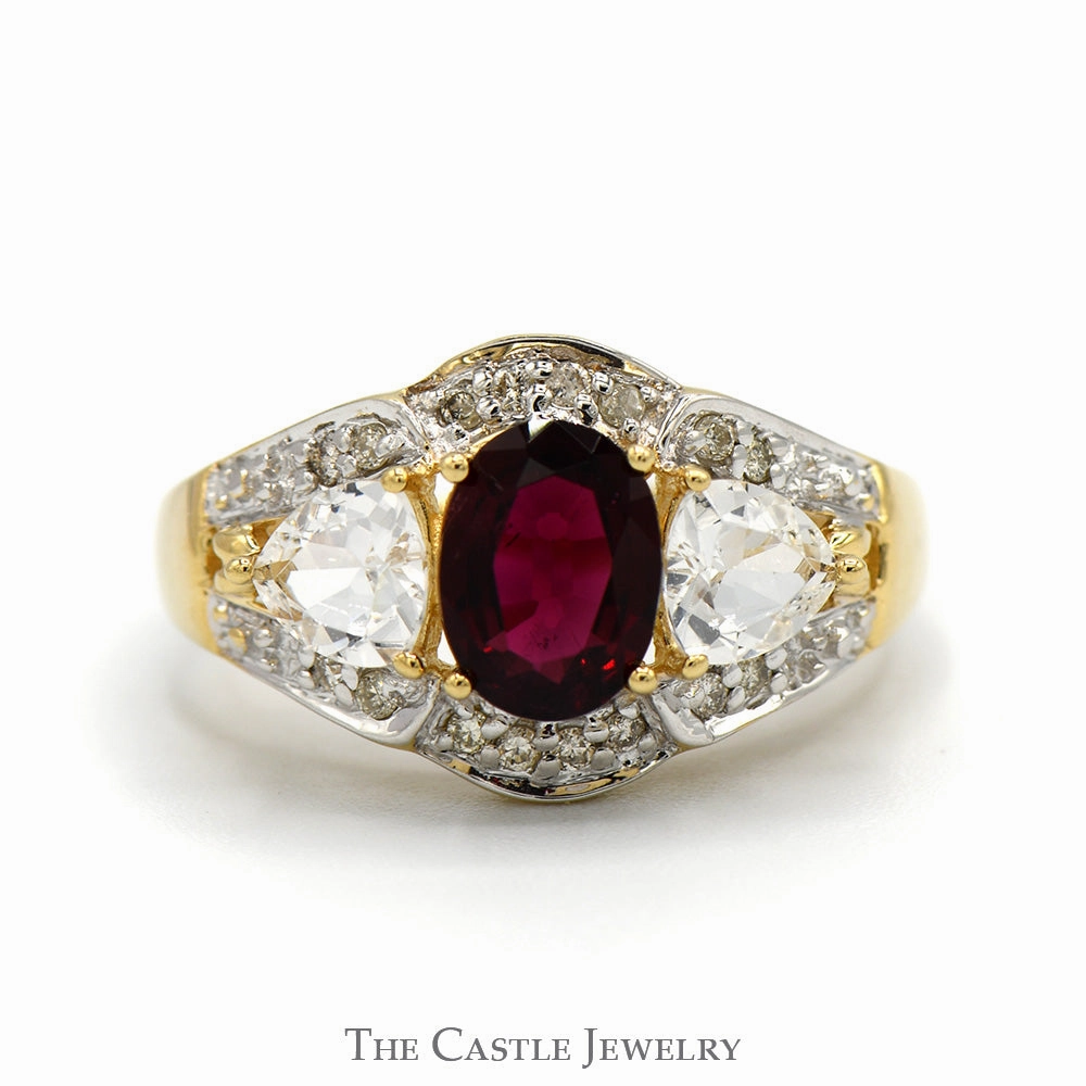 Oval Cut Rhodalite Garnet Ring with Trillion Cut Cubic Zirconia & Diamond Accents in 14k Yellow Gold Stylish Accessory