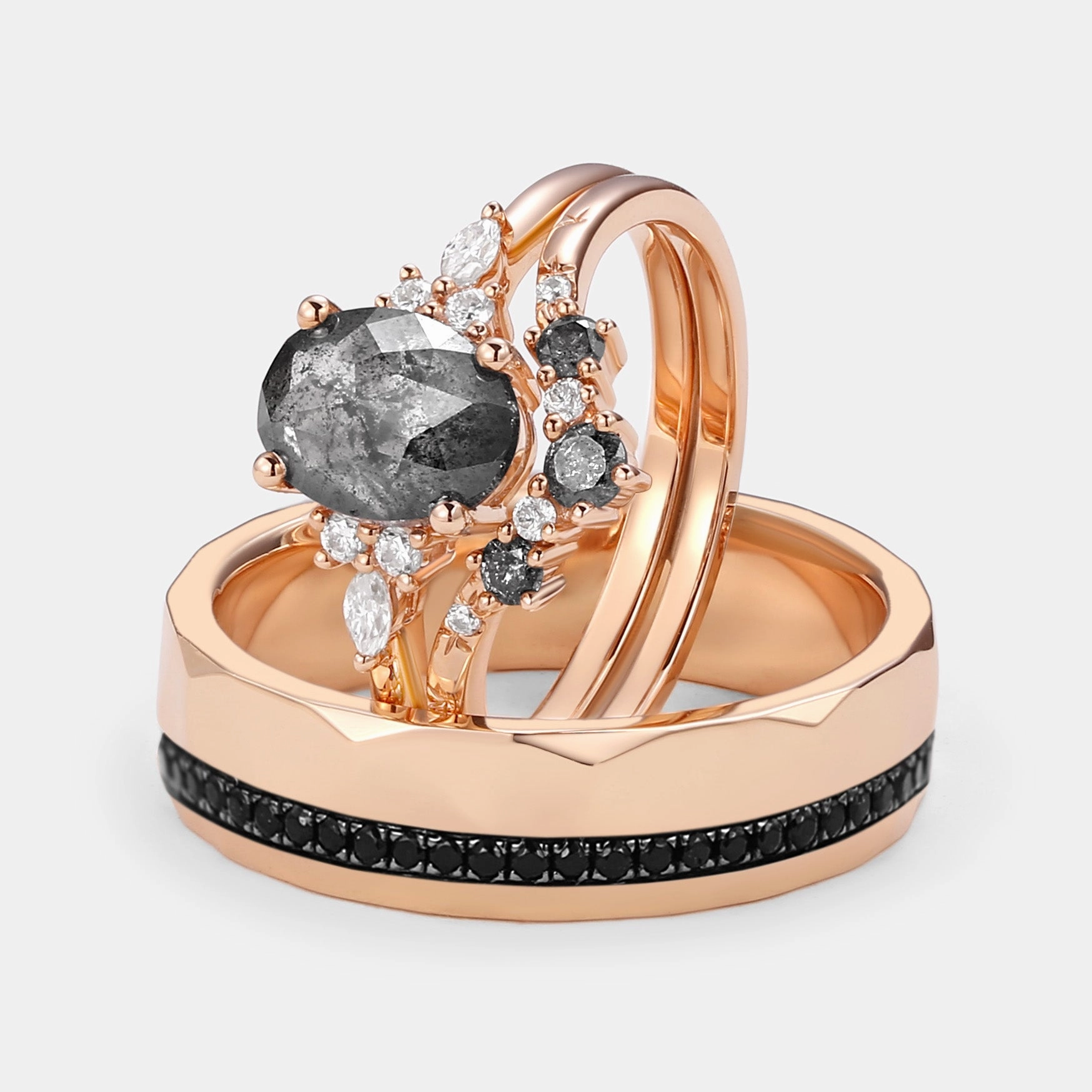 Style Upgrade Photo Look Oval Cut Salt and Pepper Diamonds Engagement Couple Ring Set 3pcs