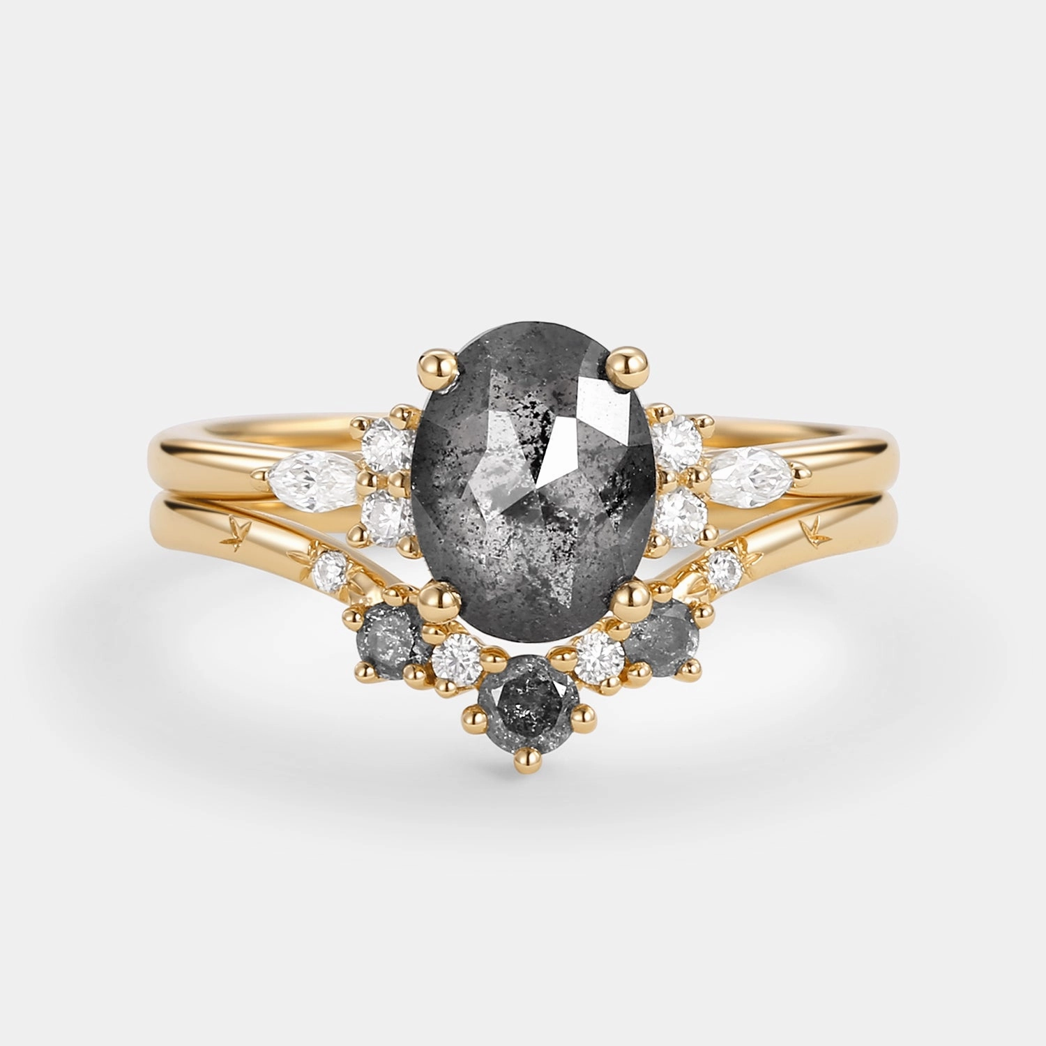 Oval Cut Salt and Pepper Diamonds Engagement Ring Sets 2pcs Beauty Element Shiny Accent