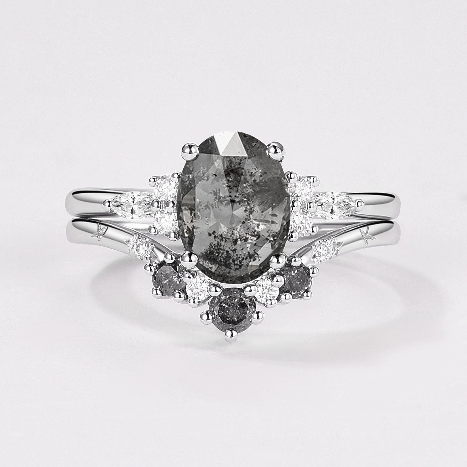 Oval Cut Salt and Pepper Diamonds Engagement Ring Sets 2pcs Stylish Moment exquisite design