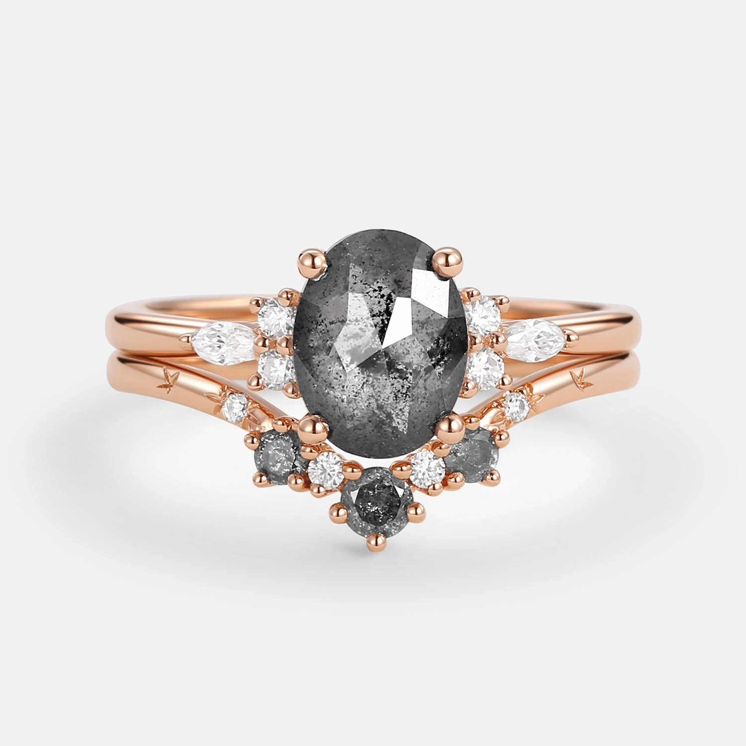 Oval Cut Salt and Pepper Diamonds Engagement Ring Sets 2pcs Soft Reflection Charming appeal