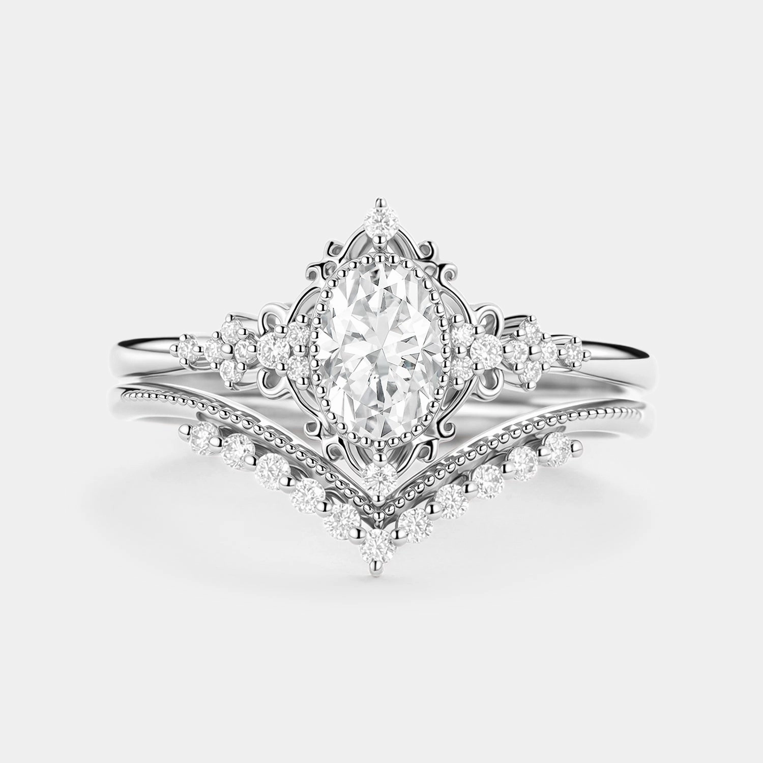 Handmade Shine Modern Touch Oval Cut Vintage Moissanite Milgrain Engagement Ring Set 2pcs