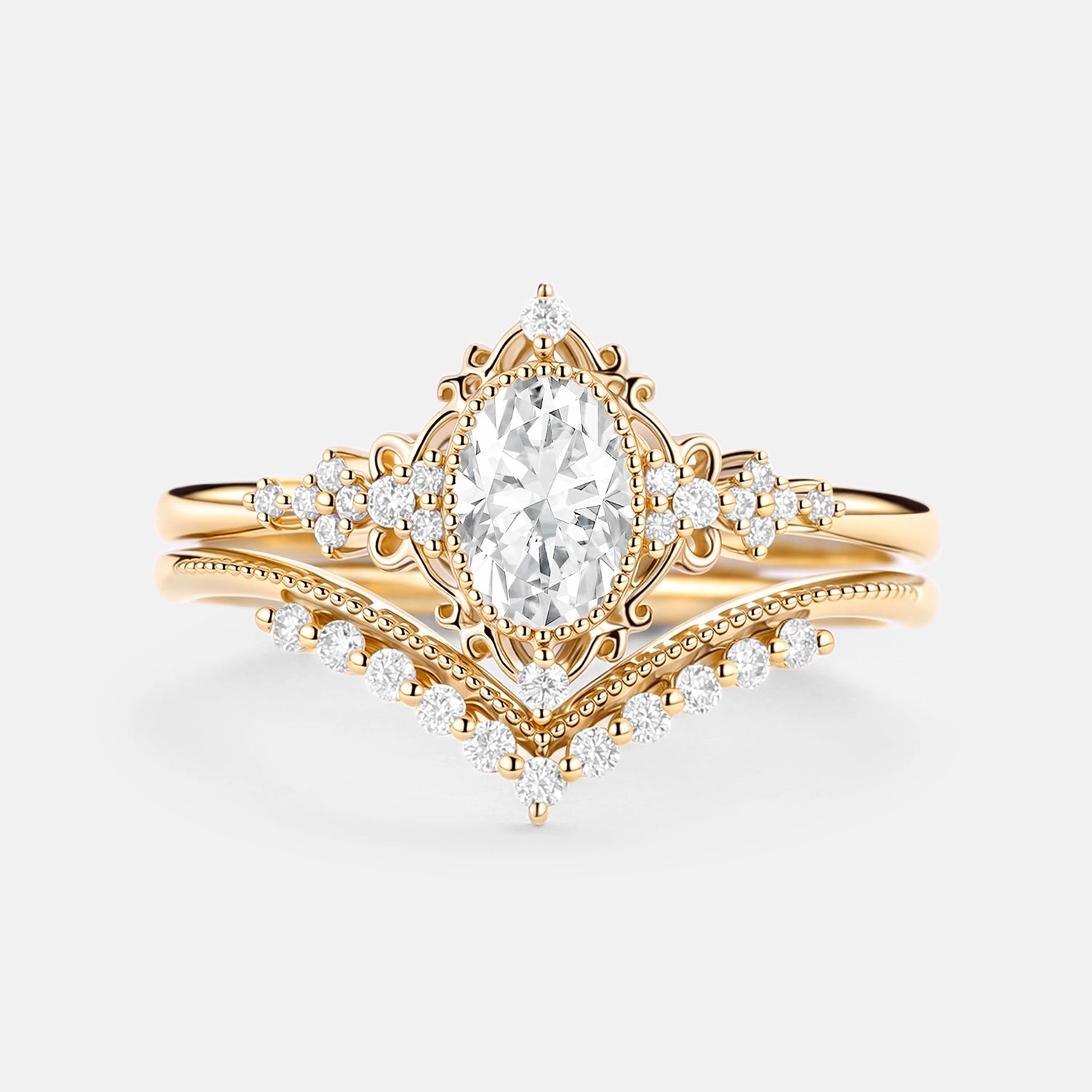 Oval Cut Vintage Moissanite Milgrain Engagement Ring Set 2pcs Casual Detail