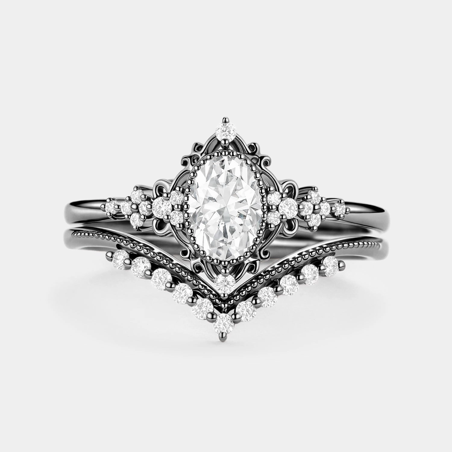 Precious Appeal Oval Cut Vintage Moissanite Milgrain Engagement Ring Set 2pcs